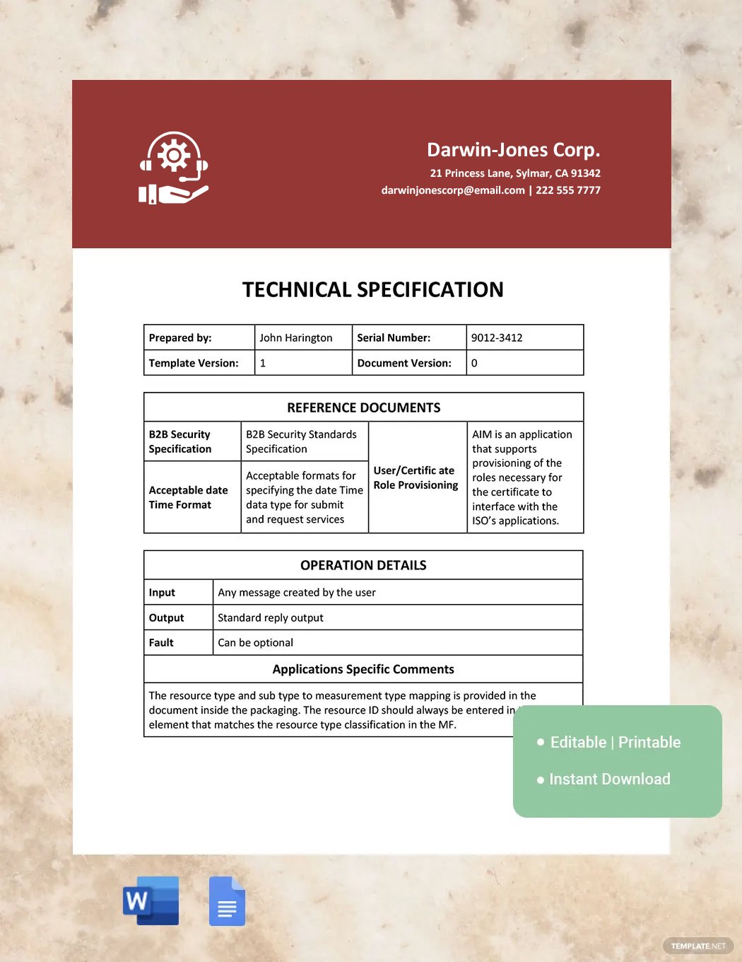 Sample Technical Specification Template in Word, Google Docs