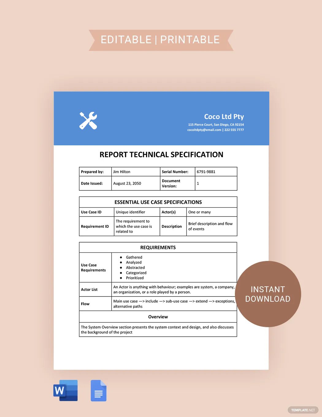 Report Technical Specification Template in Word, Google Docs