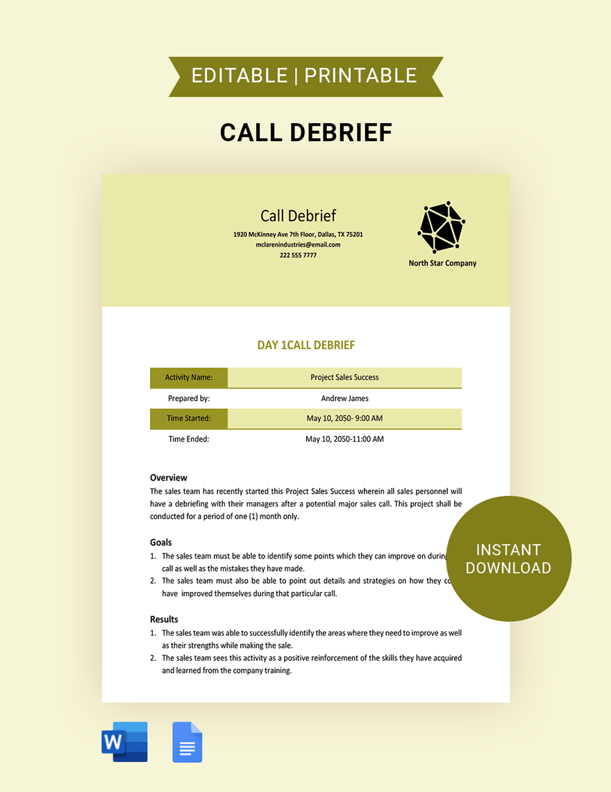 Call Debrief Template in Word, Google Docs
