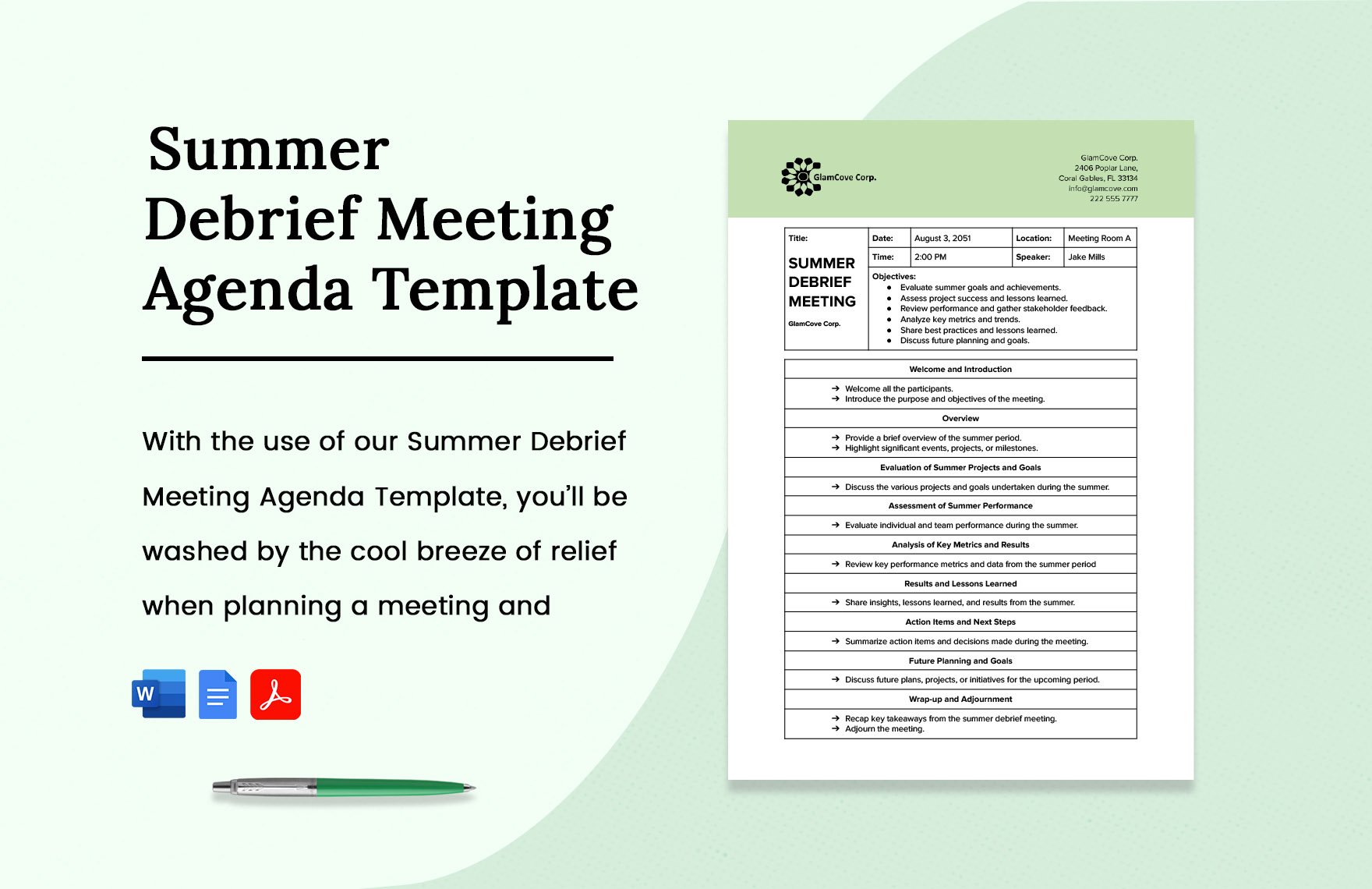 Summer Debrief Meeting Agenda in Word, Google Docs, PDF