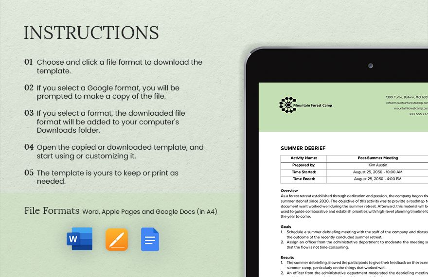 Summer Debrief Meeting Agenda Template - Google Docs, Word 