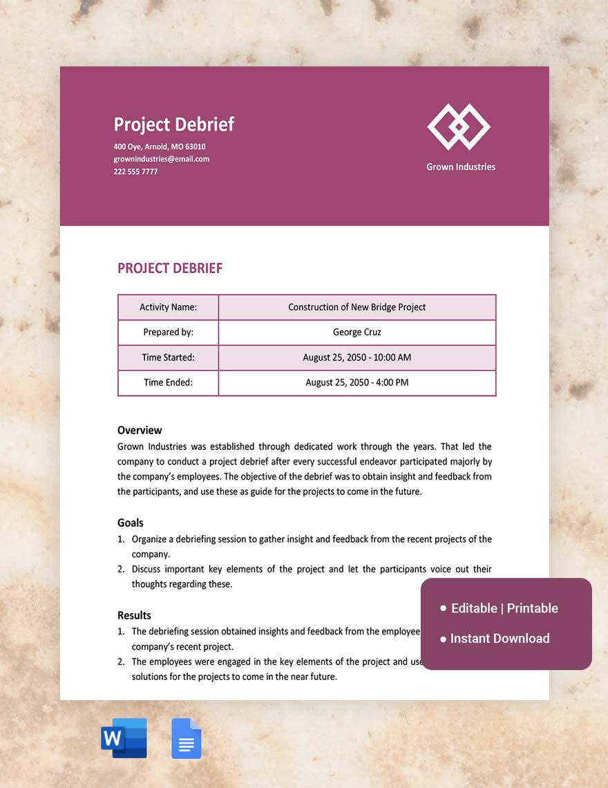 Project Debrief Template in Word, Google Docs