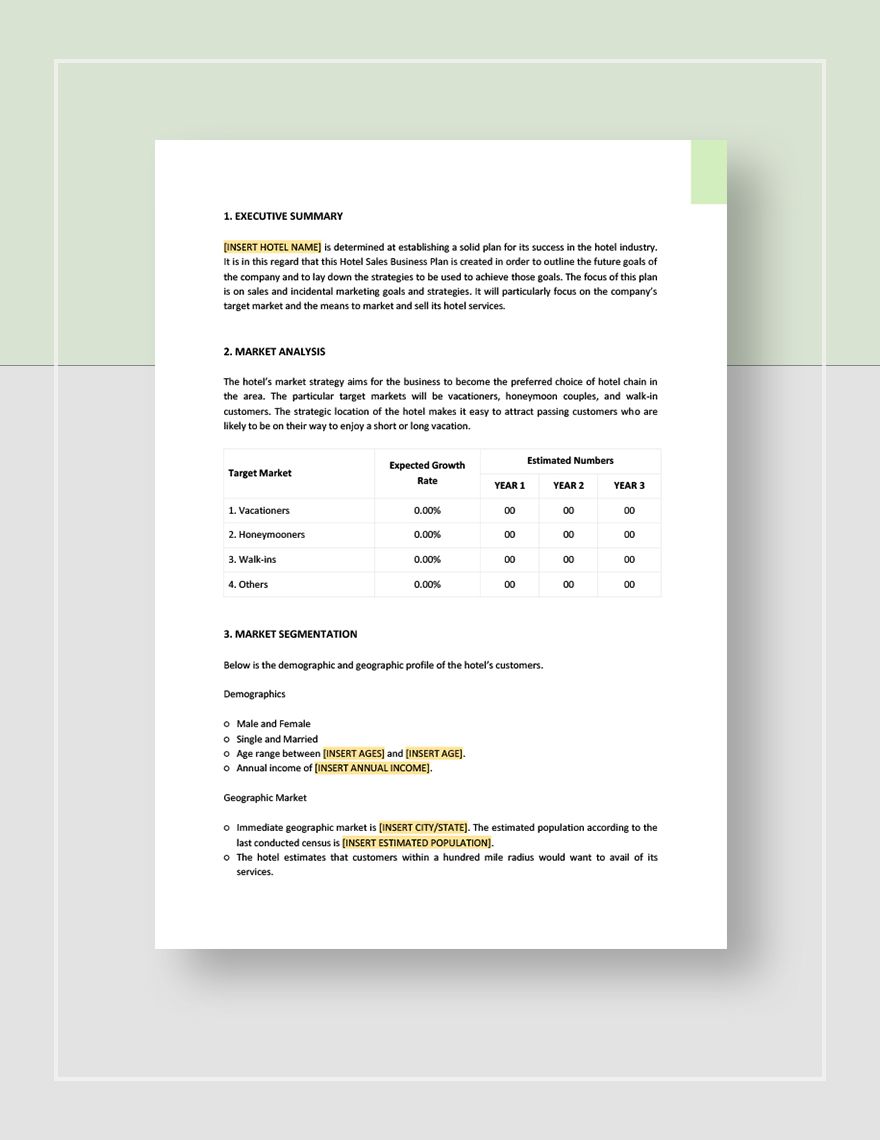 Hotel Sales Business Plan Template