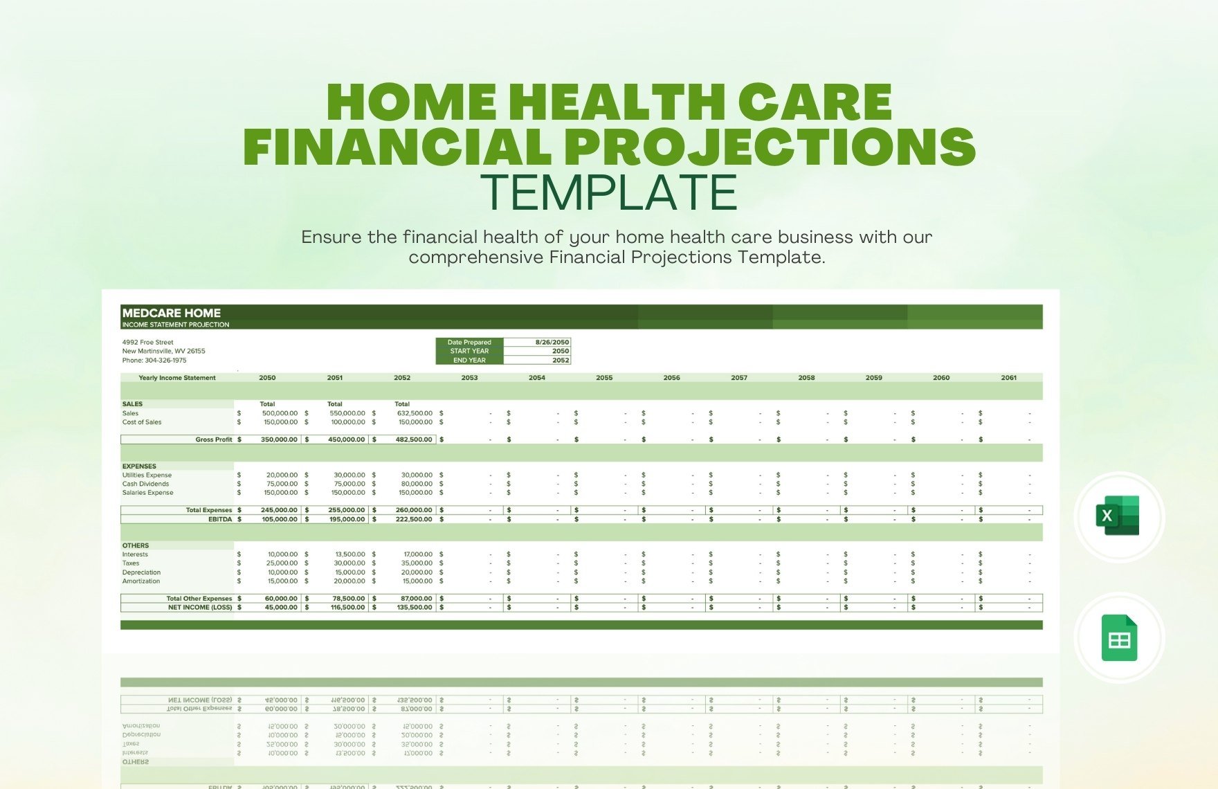 Home Health Care Financial Projections Template in Excel, Google Sheets