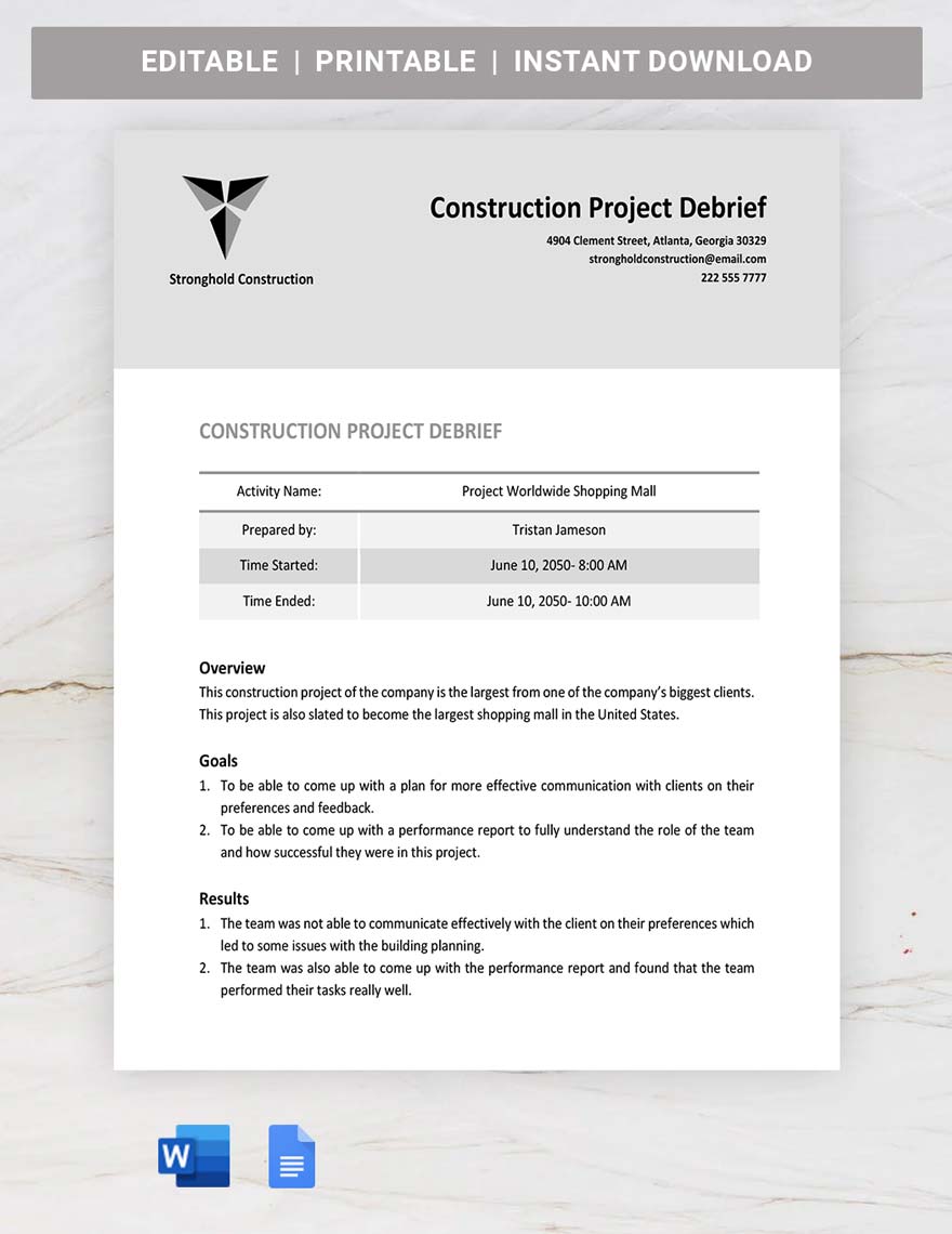 Construction Project Debrief Template in Word, Google Docs