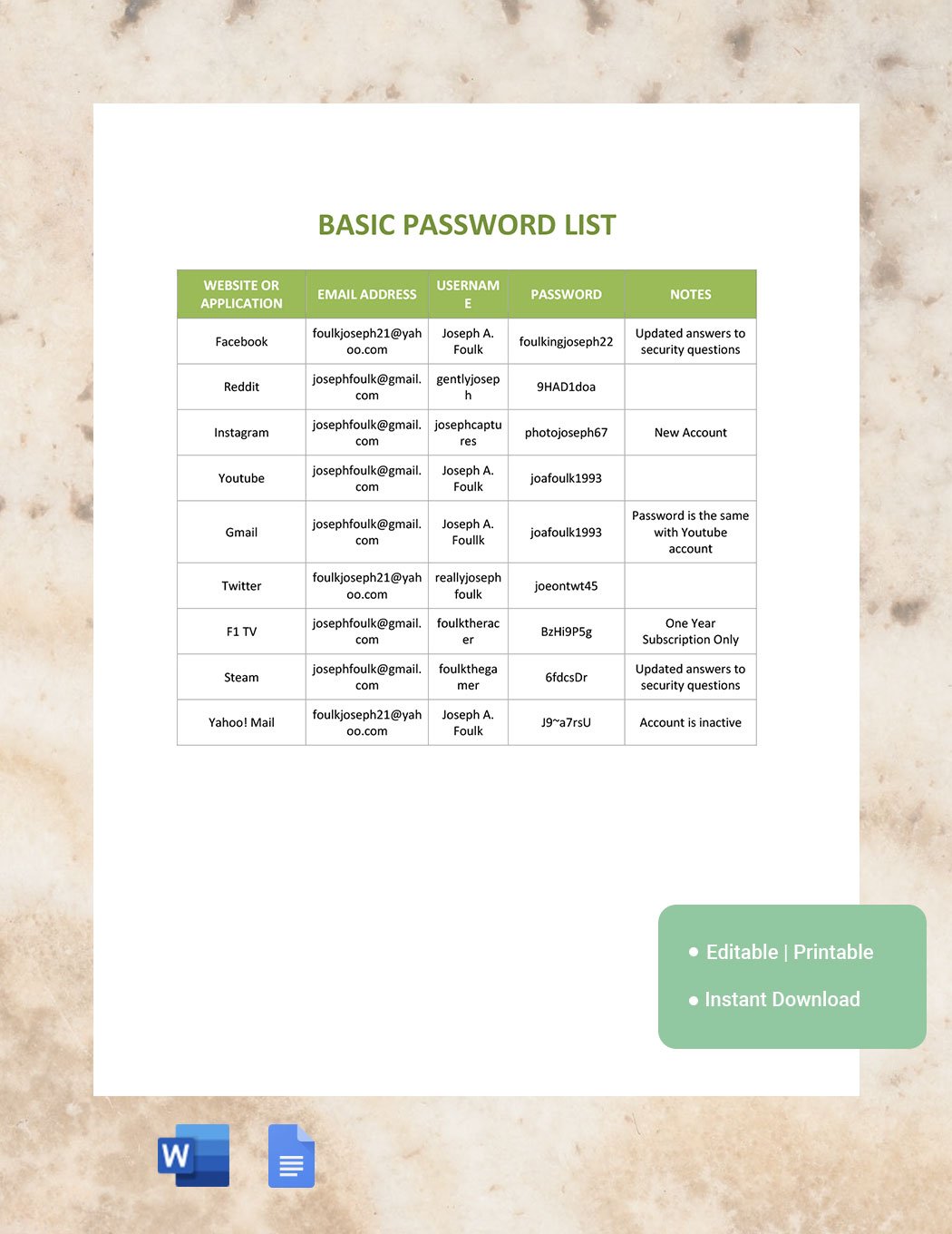 Free Basic Password List Template in Word, Google Docs