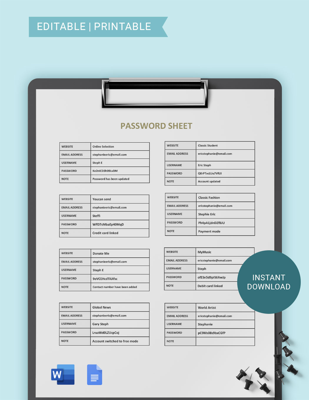 Free Free Password Sheet Template Google Docs Word Template