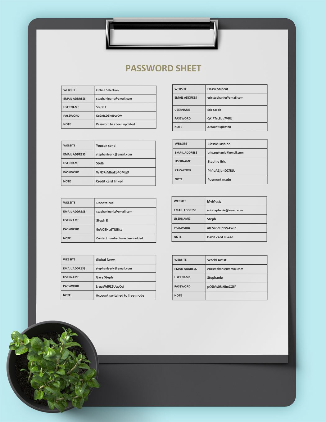 Password Sheet Template