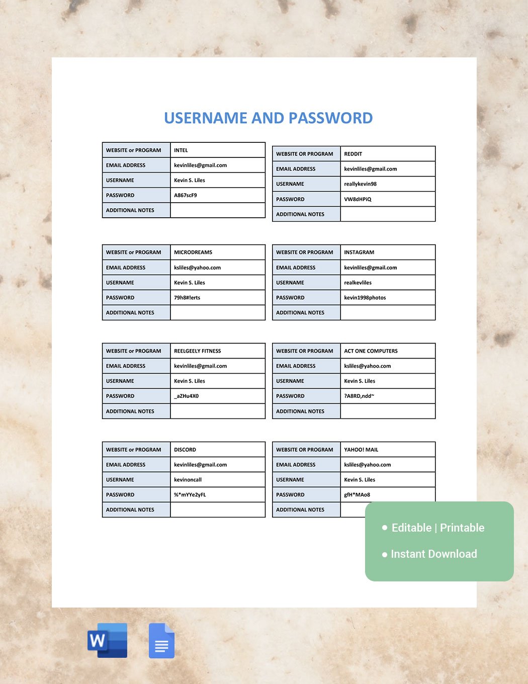 Username And Password Template in Word, Google Docs