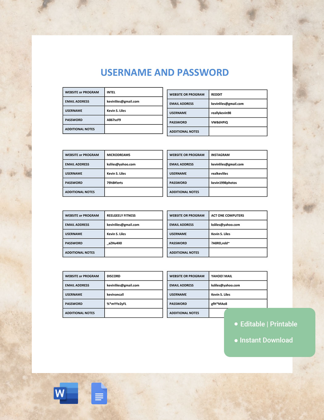 Username And Password Template in Word, Google Docs - Download ...