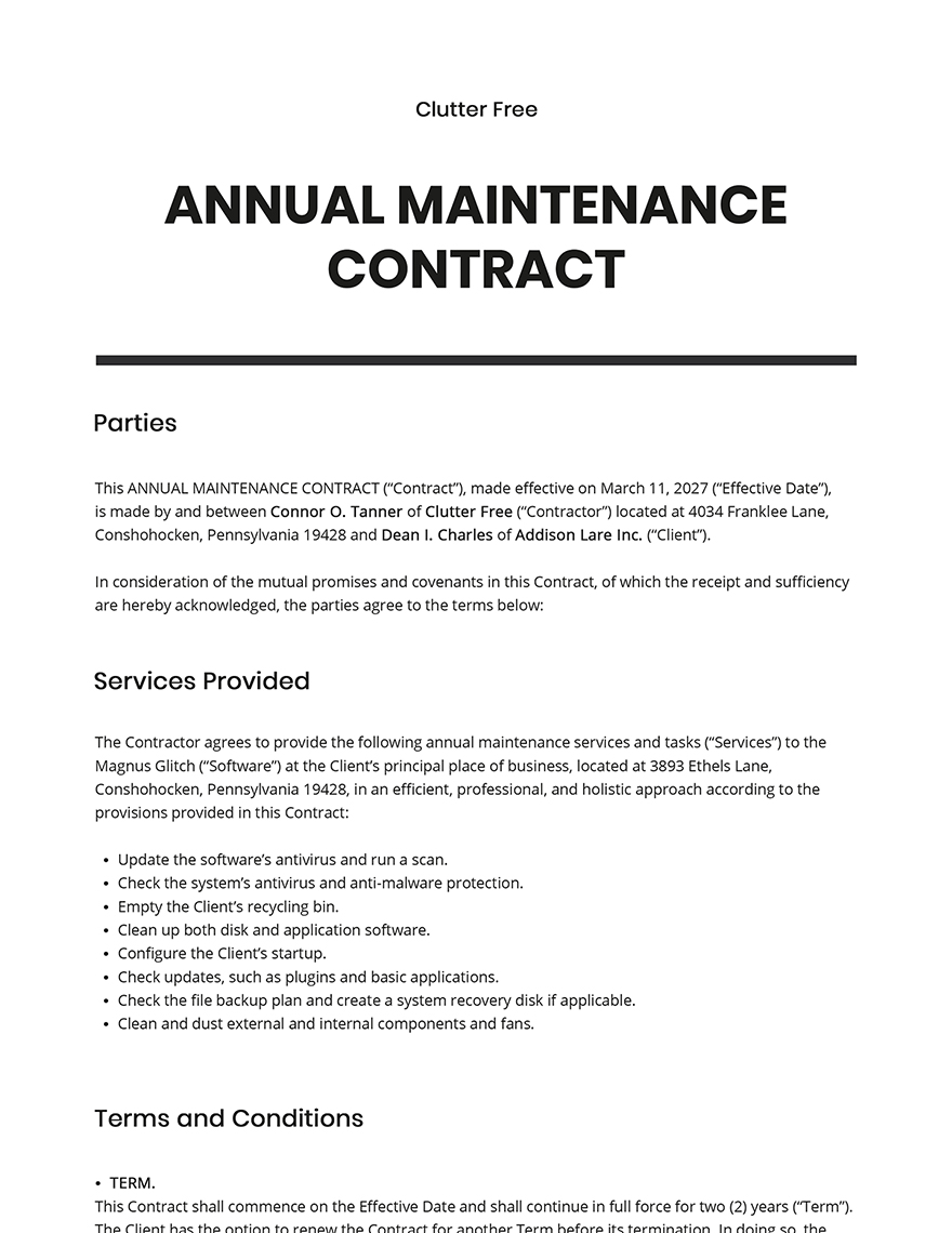 Annual Maintenance Contract Format Excel