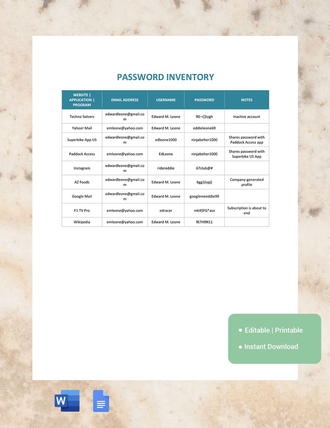 Password Inventory Template