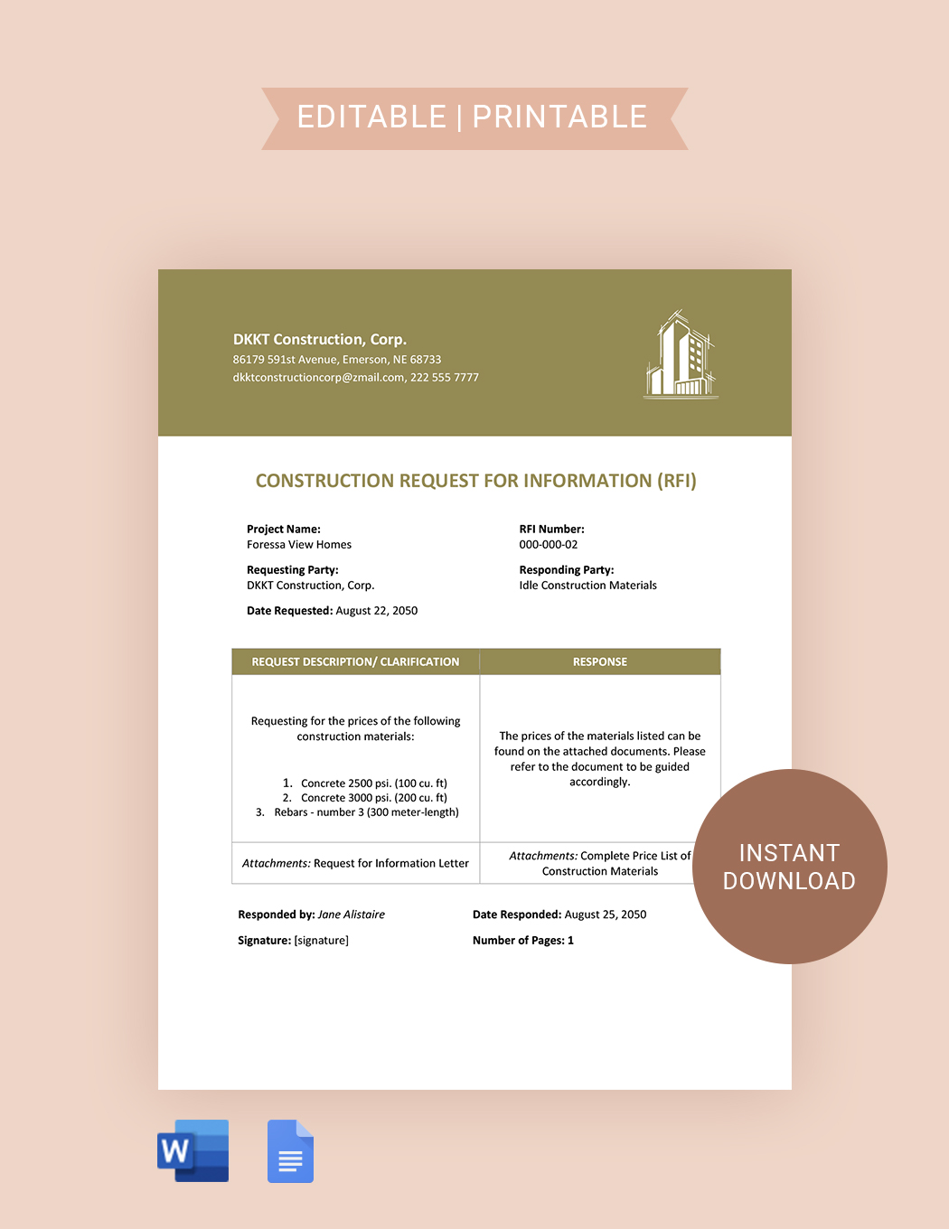 Construction Request For Information Template