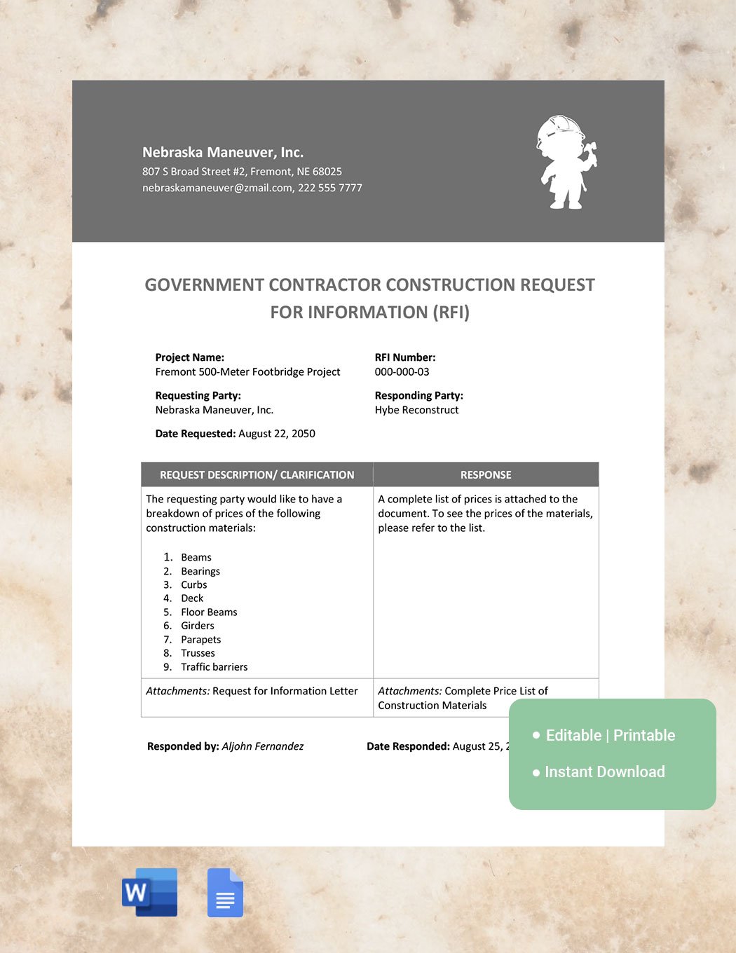 Free Government Contractor Construction Request For Information Template in Word, Google Docs