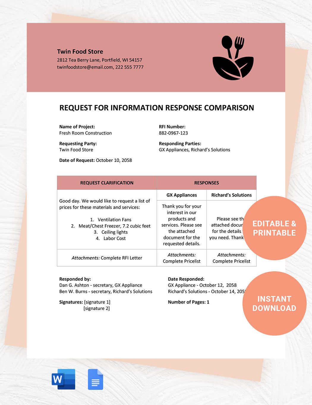 Request For Information Response Comparison Template in Word, Google Docs