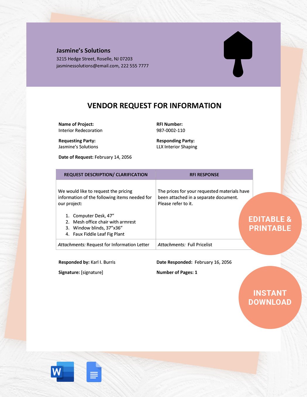 Vendor Request For Information Template in Word, Google Docs