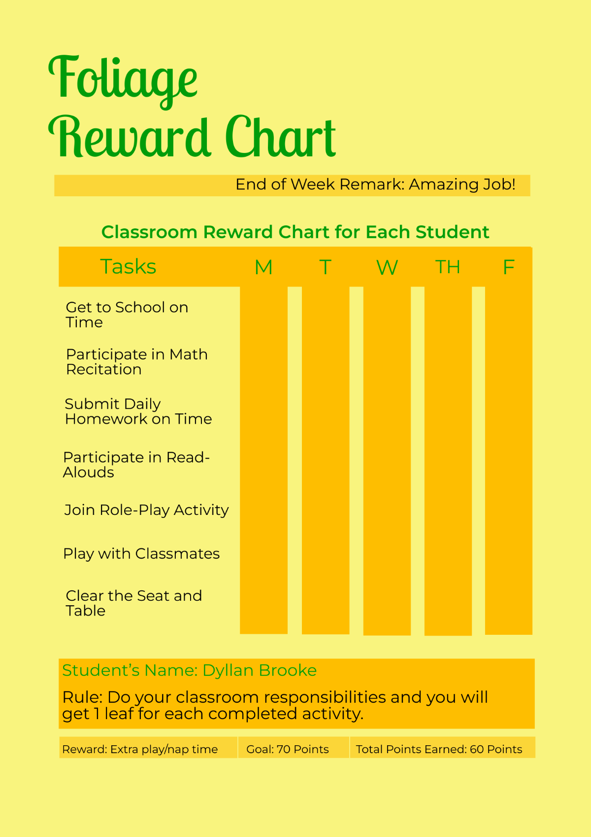 Foliage Reward Chart Template