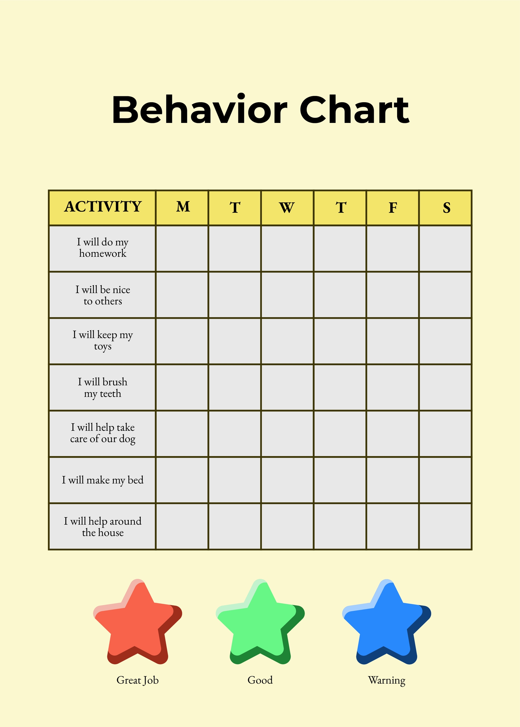 Free Behavior Chart Illustrator Word PSD PDF Template