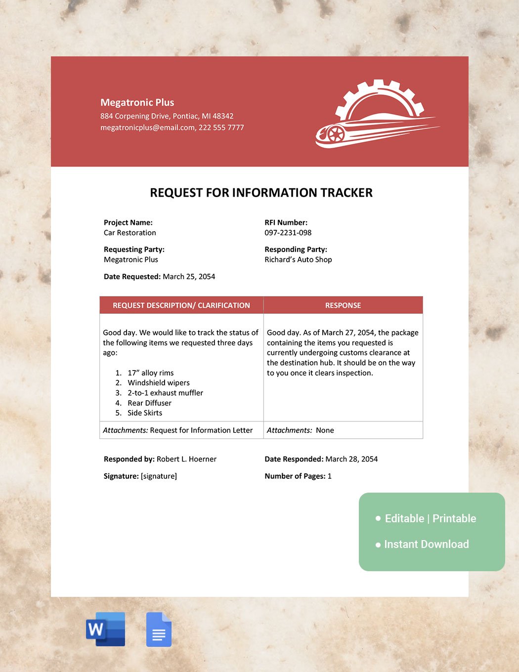 Request For Information Tracker Template