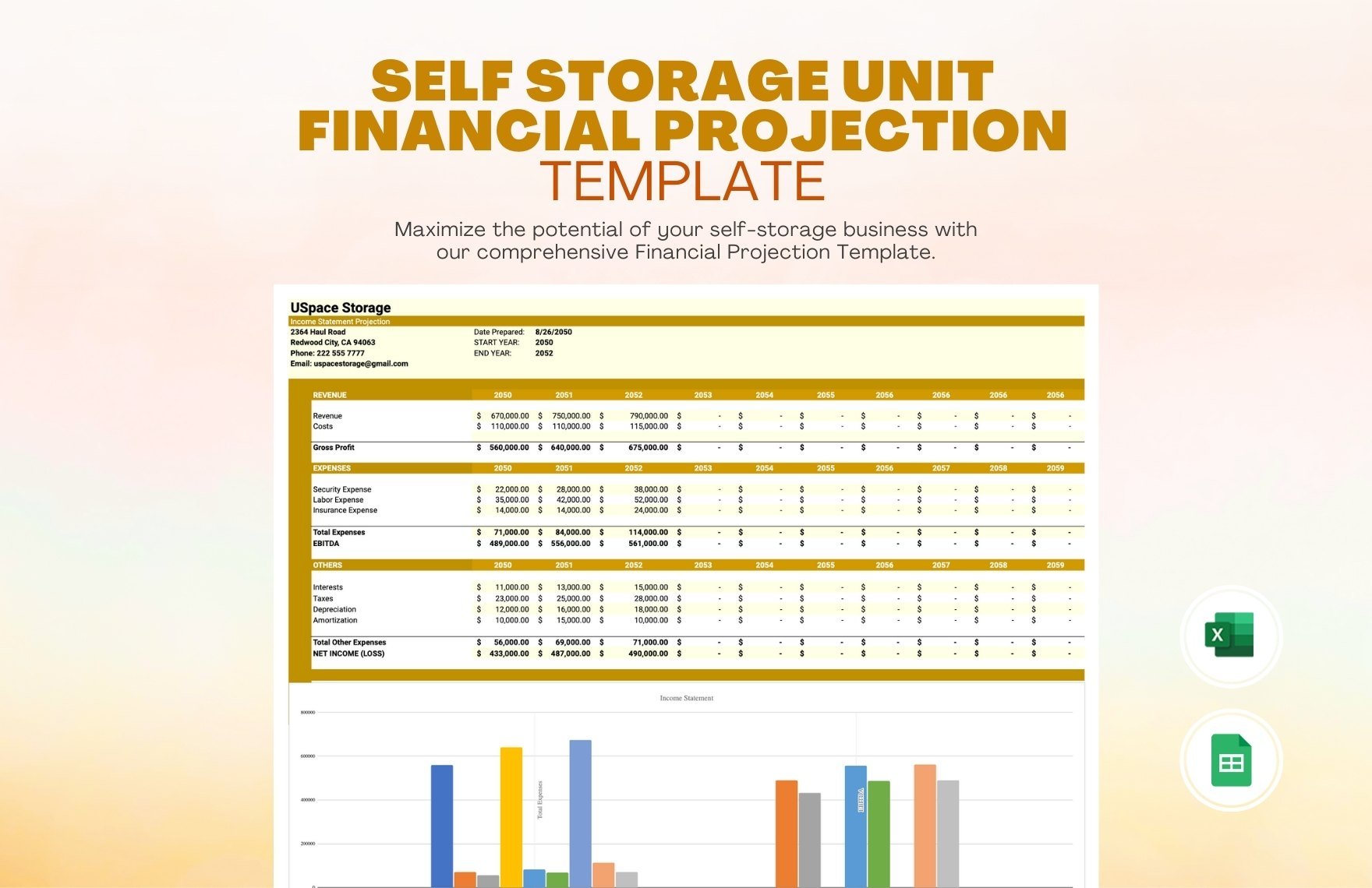 Self Storage Unit Financial Projection Template in Excel, Google Sheets