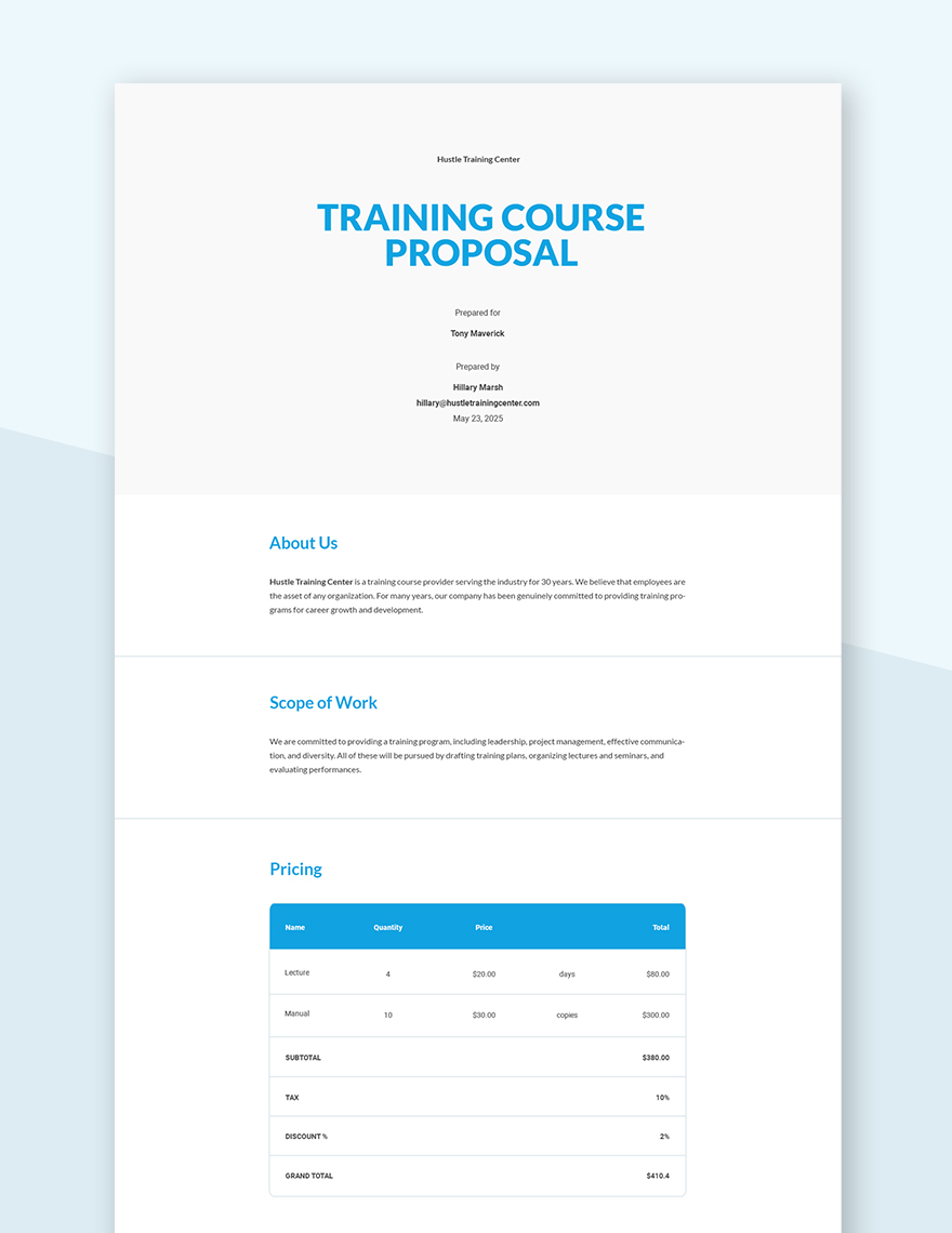 Training Proposal Format Template Google Docs, Word, Apple Pages, PDF