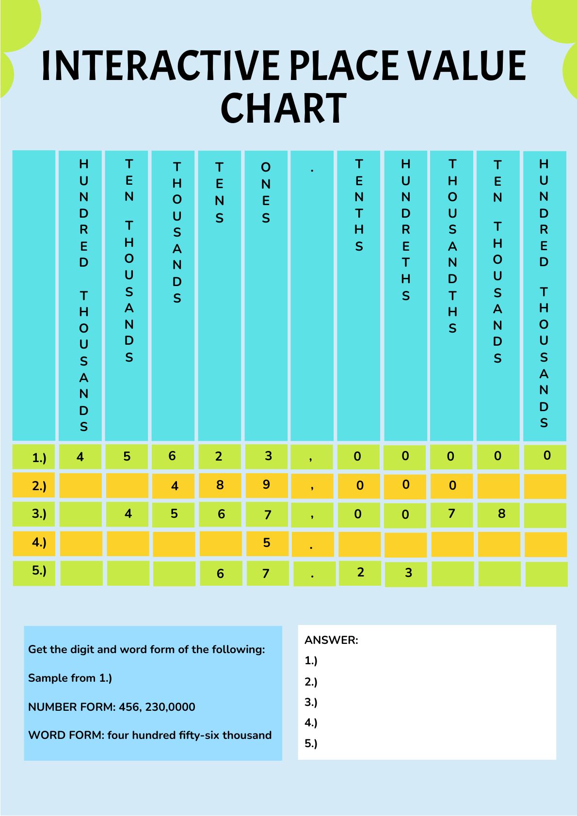 Interactive Place Value Chart in PDF, Illustrator