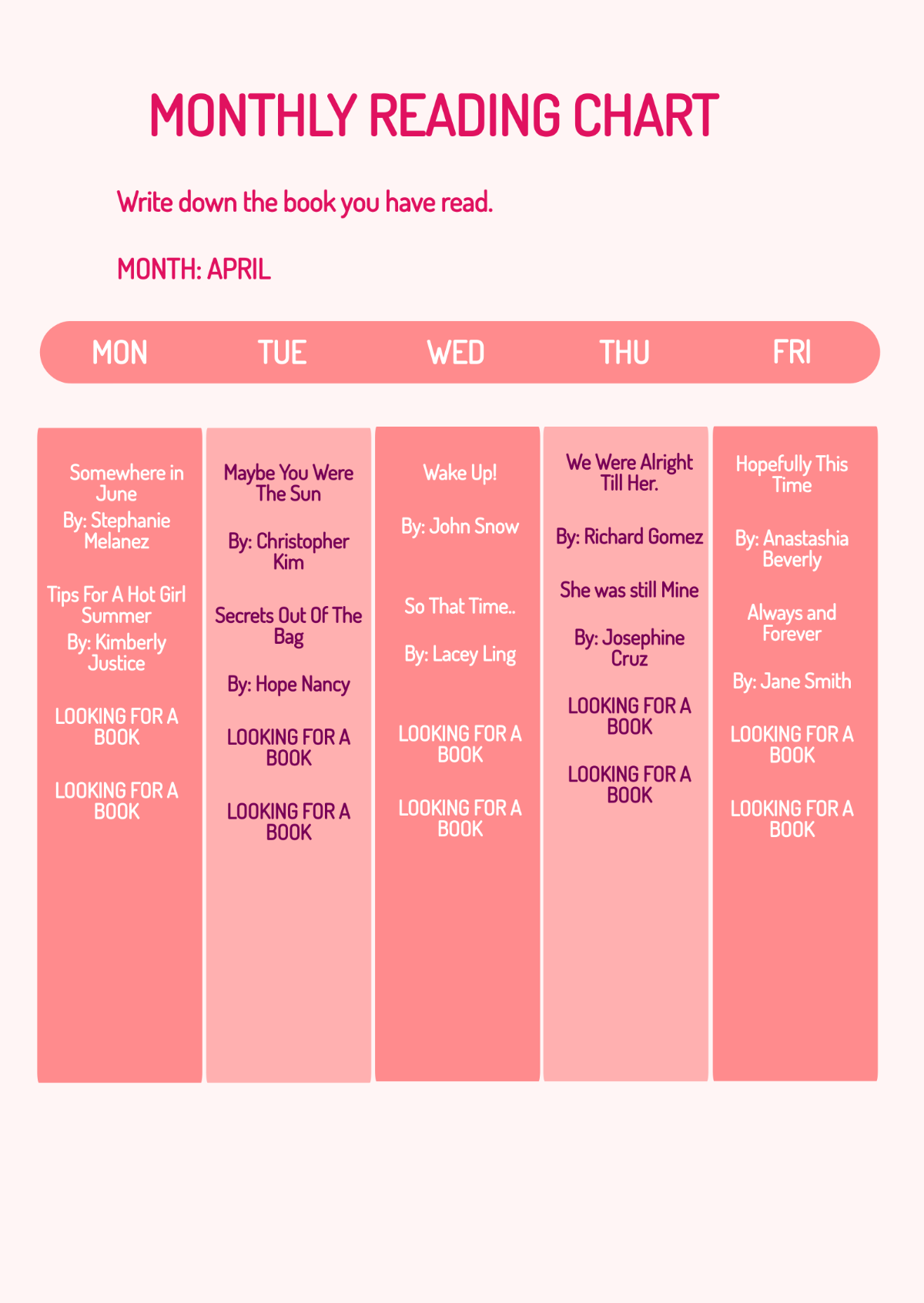 Free Monthly Reading Chart Template