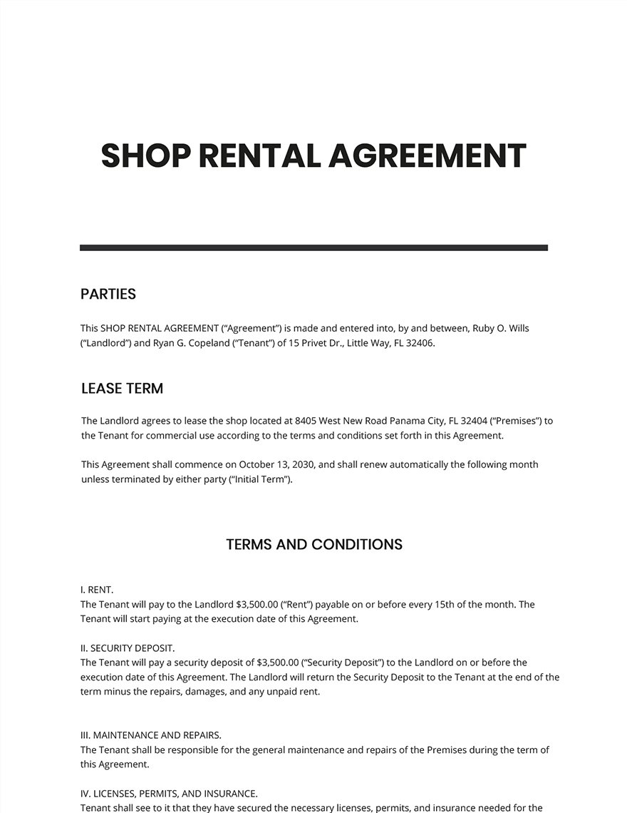 Shop Rental Agreement Template
