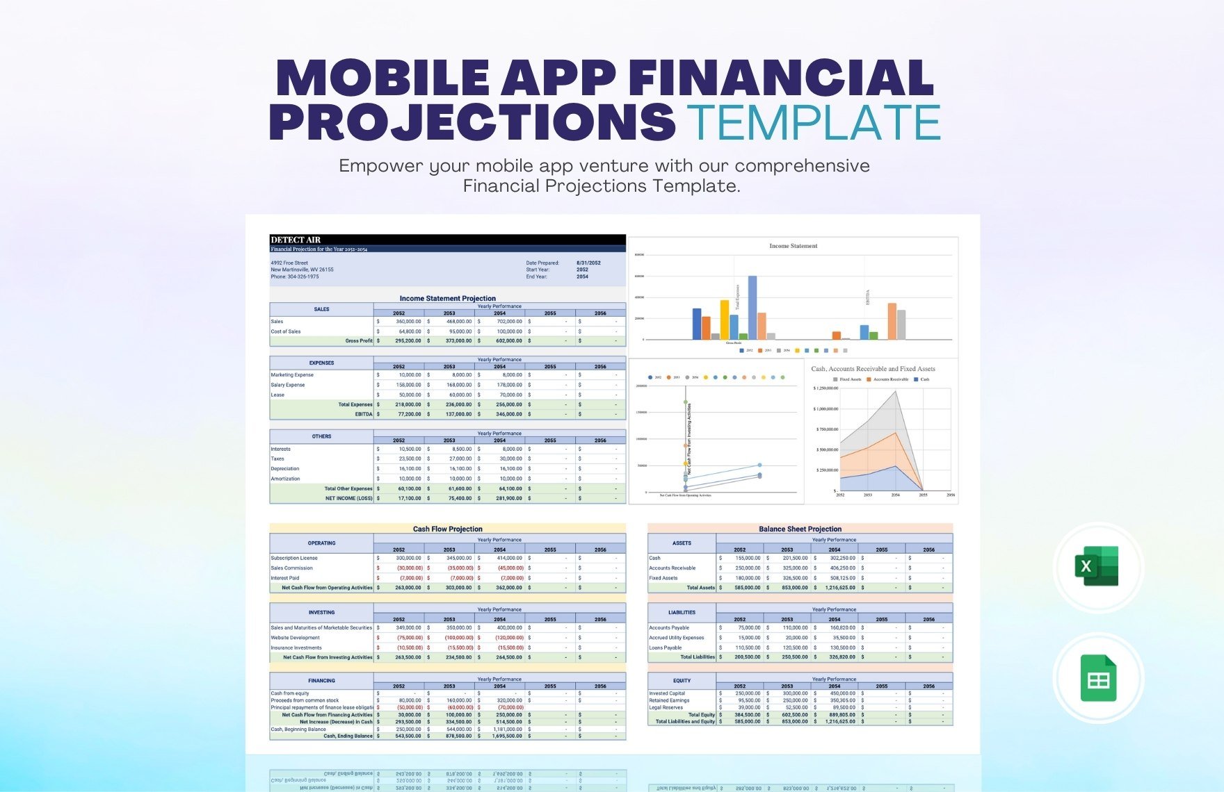 Mobile App Financial Projections Template in Excel, Google Sheets