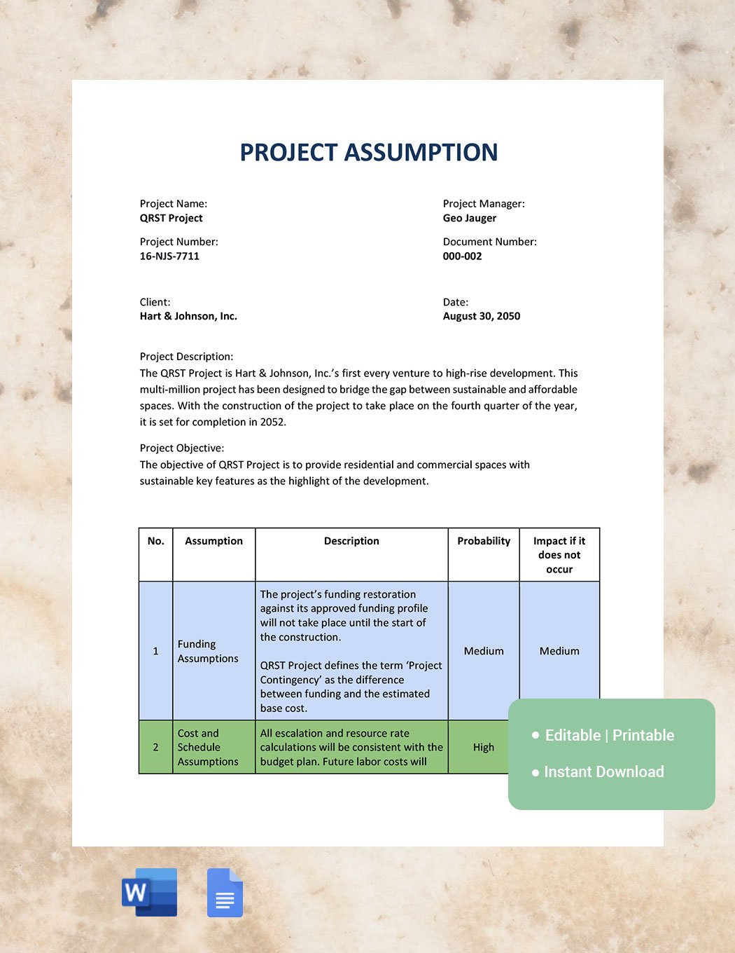 Project Assumptions Template in Word, Google Docs