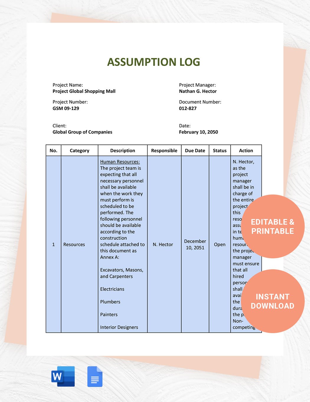 Assumptions Tracking Log Template in Word, Google Docs