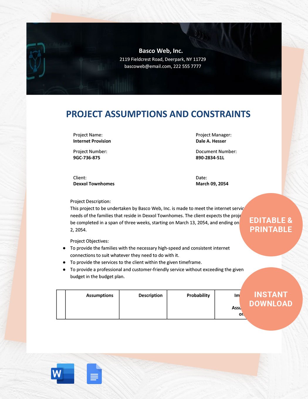 Project Assumptions And Constraints Template in Word, Google Docs