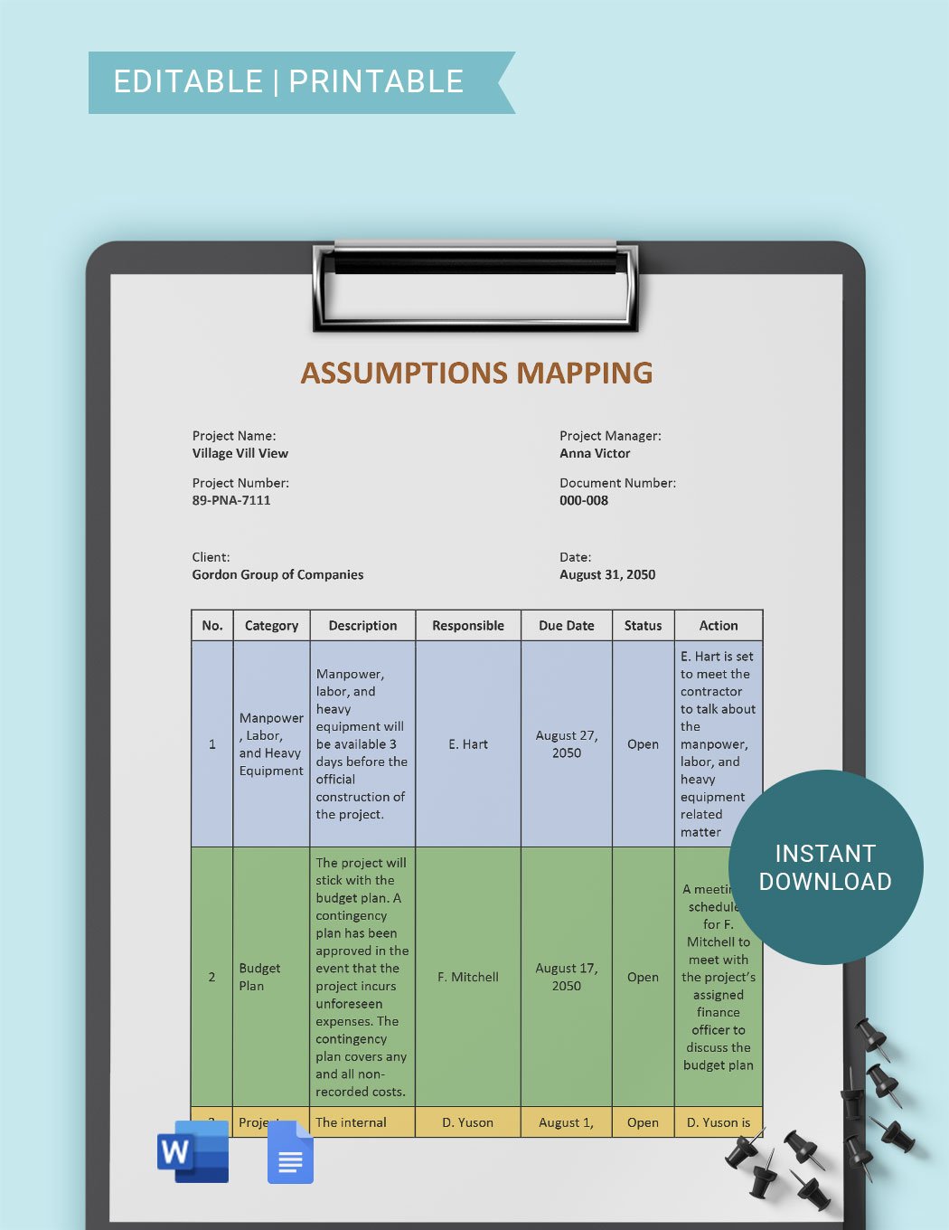 Assumptions Mapping Template in Word, Google Docs