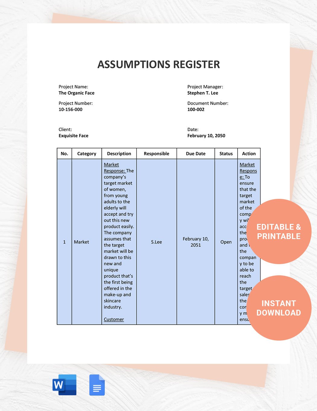 Assumptions Register Template in Word, Google Docs
