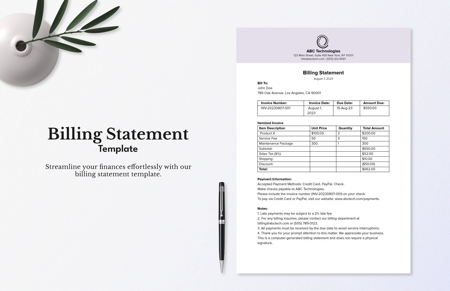 Billing Statement Template in Word, Google Docs, Excel, PDF, Google Sheets, Apple Pages