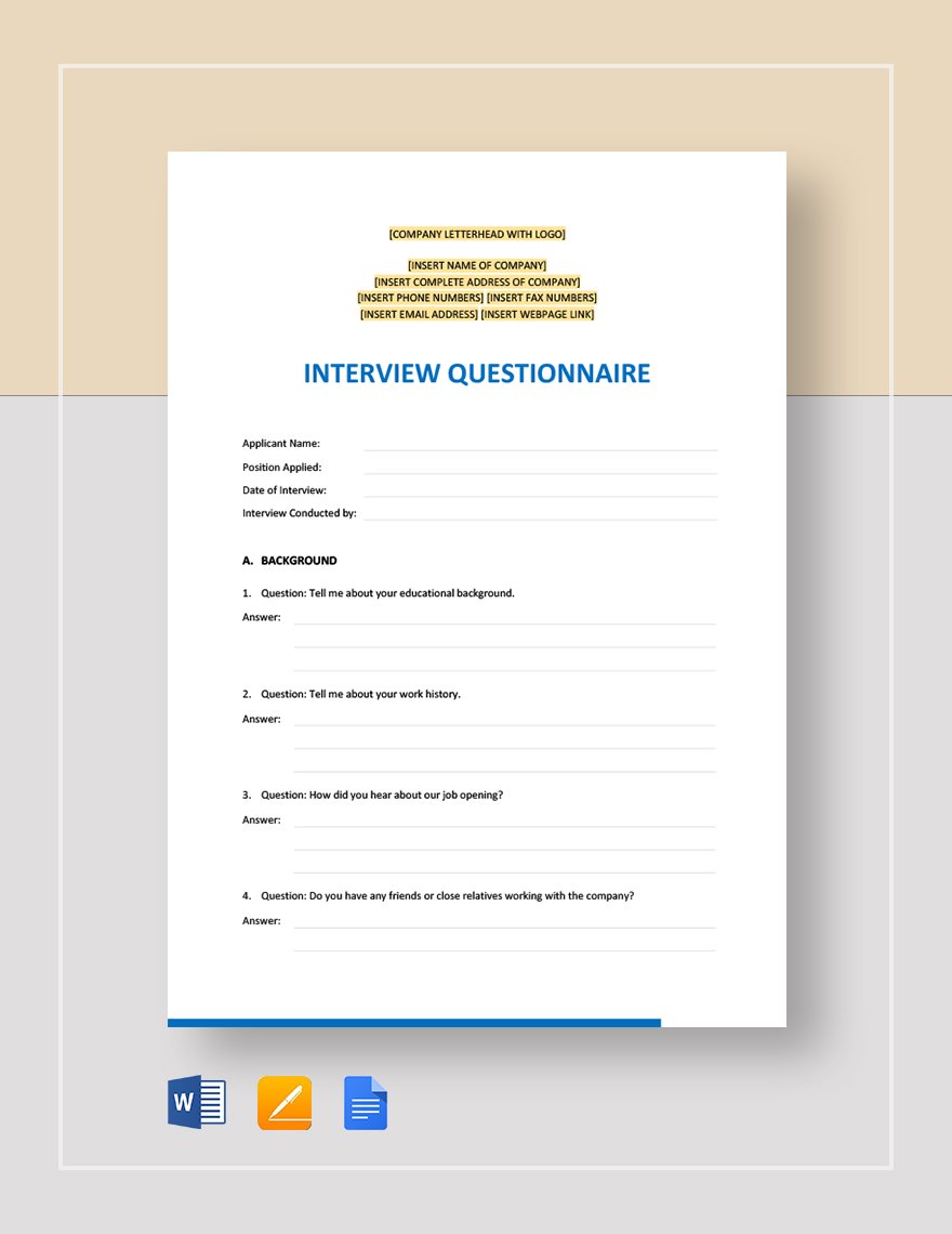 Interview Questionnaire Template Download in Word, Google Docs, Apple