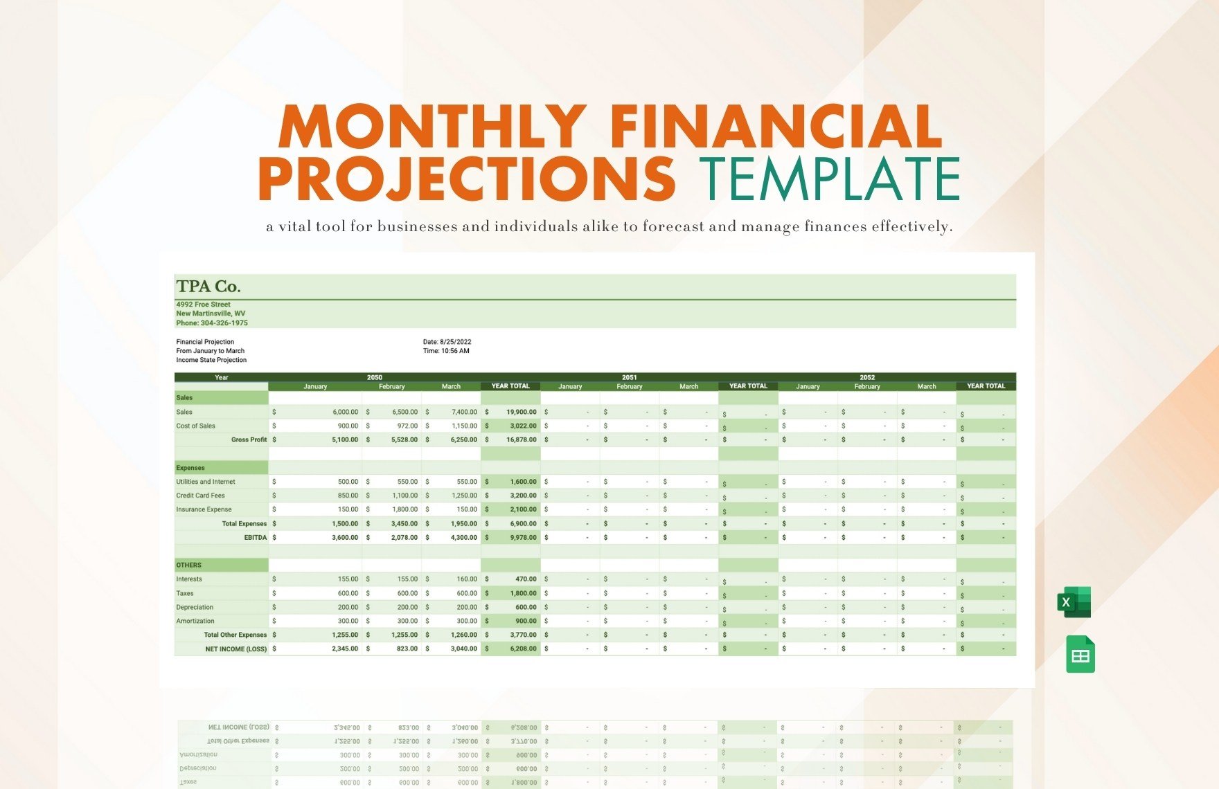 Monthly Financial Projections Template in Excel, Google Sheets