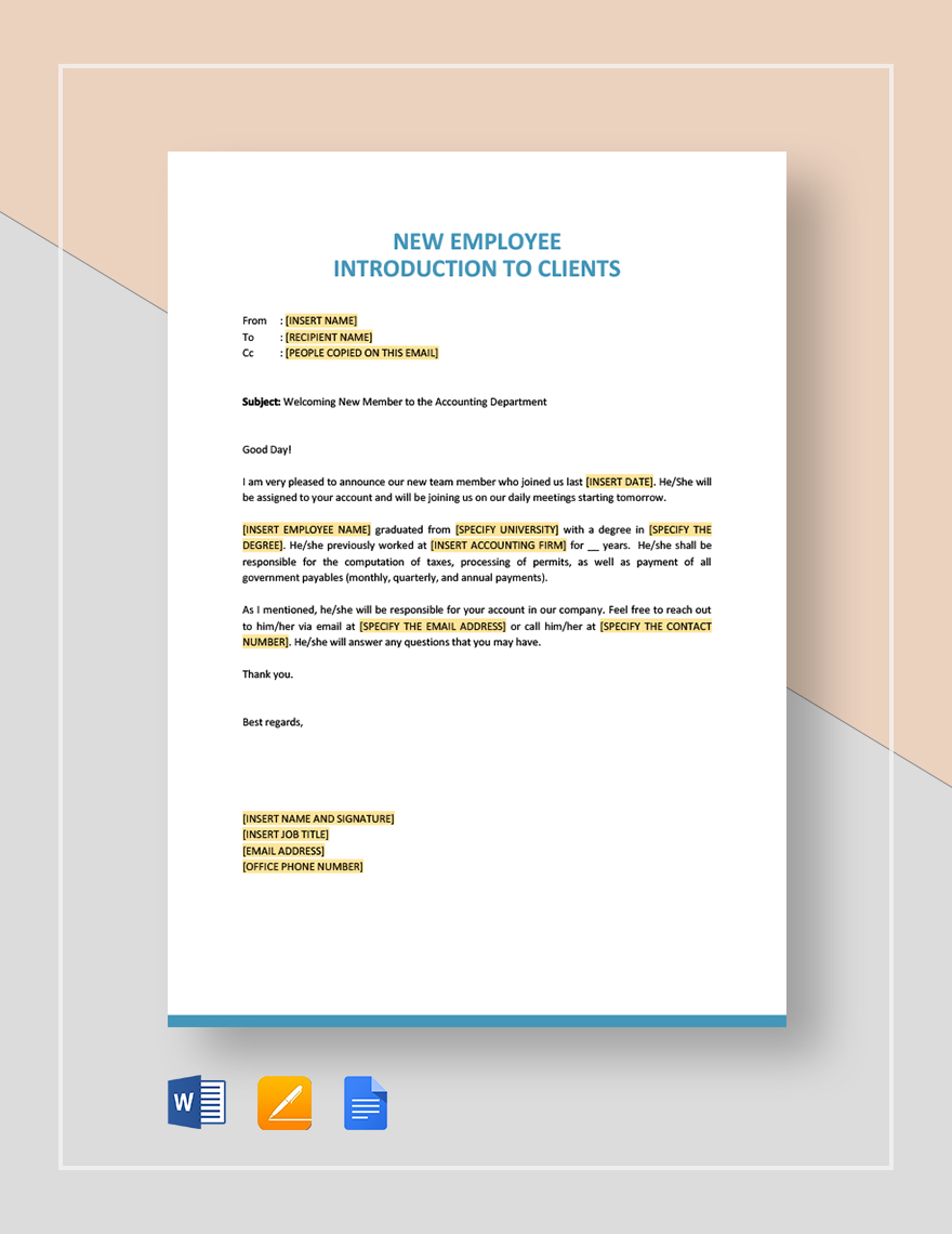 New Employee Introduction to Client Template in Word, Pages, Google