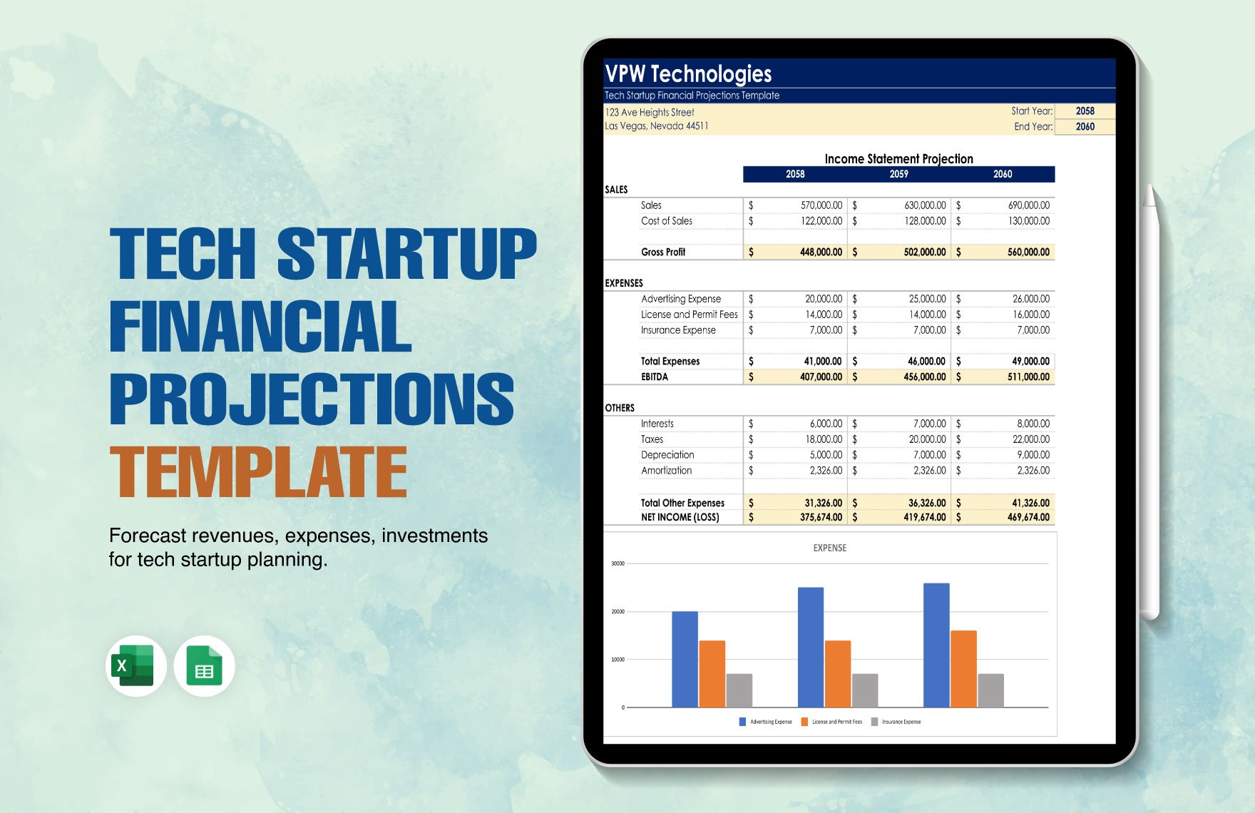 Tech Startup Financial Projections Template in Excel, Google Sheets
