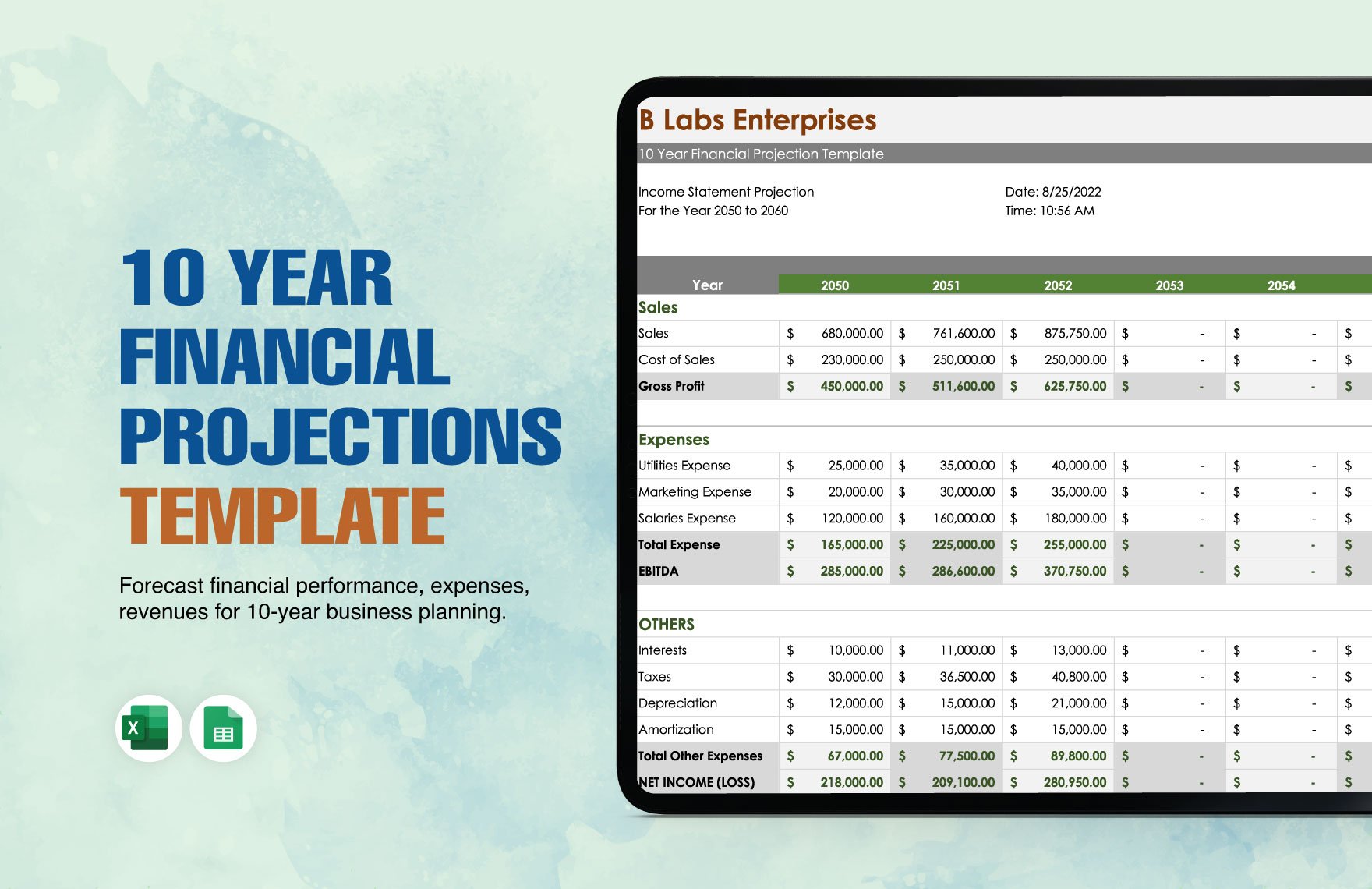 10 Year Financial Projections Template in Excel, Google Sheets