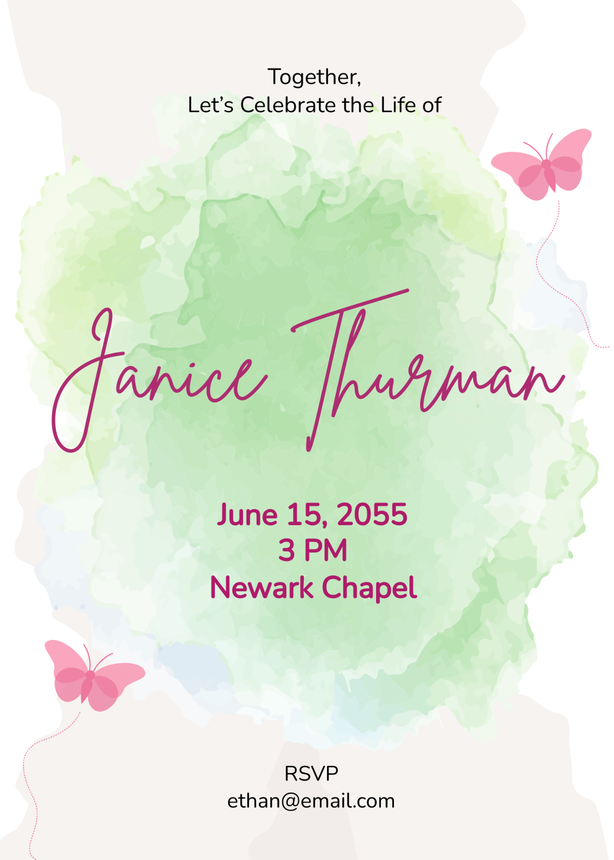 Watercolor Butterfly Celebration Of Life Invitation Template