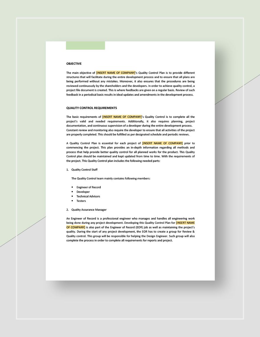 Quality Control Plan Template - Google Docs, Word, Apple Pages ...