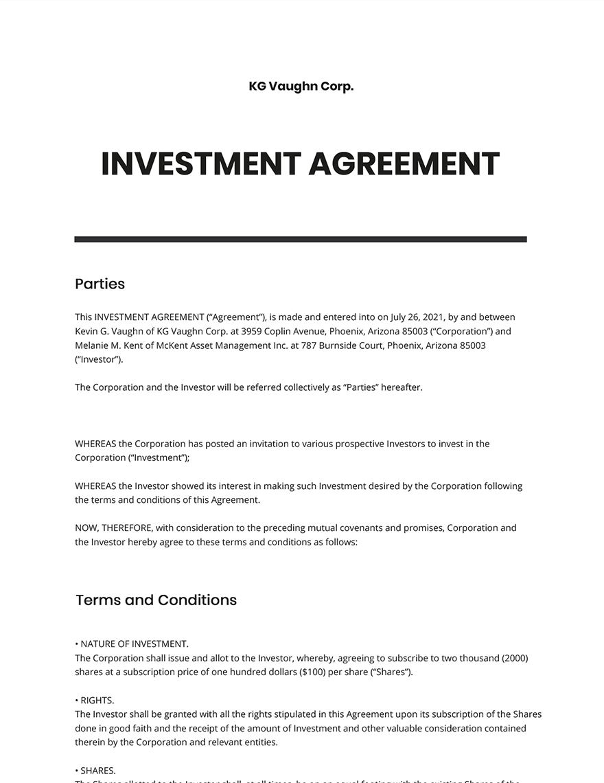 Business Investment Agreement Google Docs Templates Design Free 