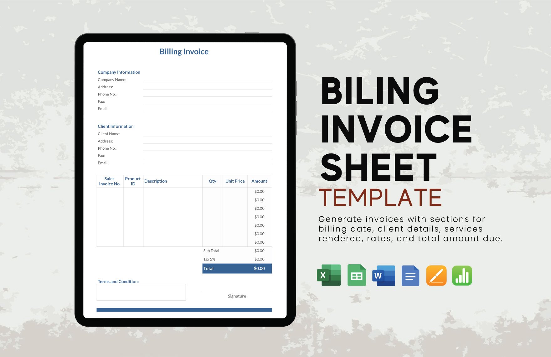 Billing Invoice Sheet Template in Word, Google Docs, Excel, Google Sheets, Apple Pages, Apple Numbers
