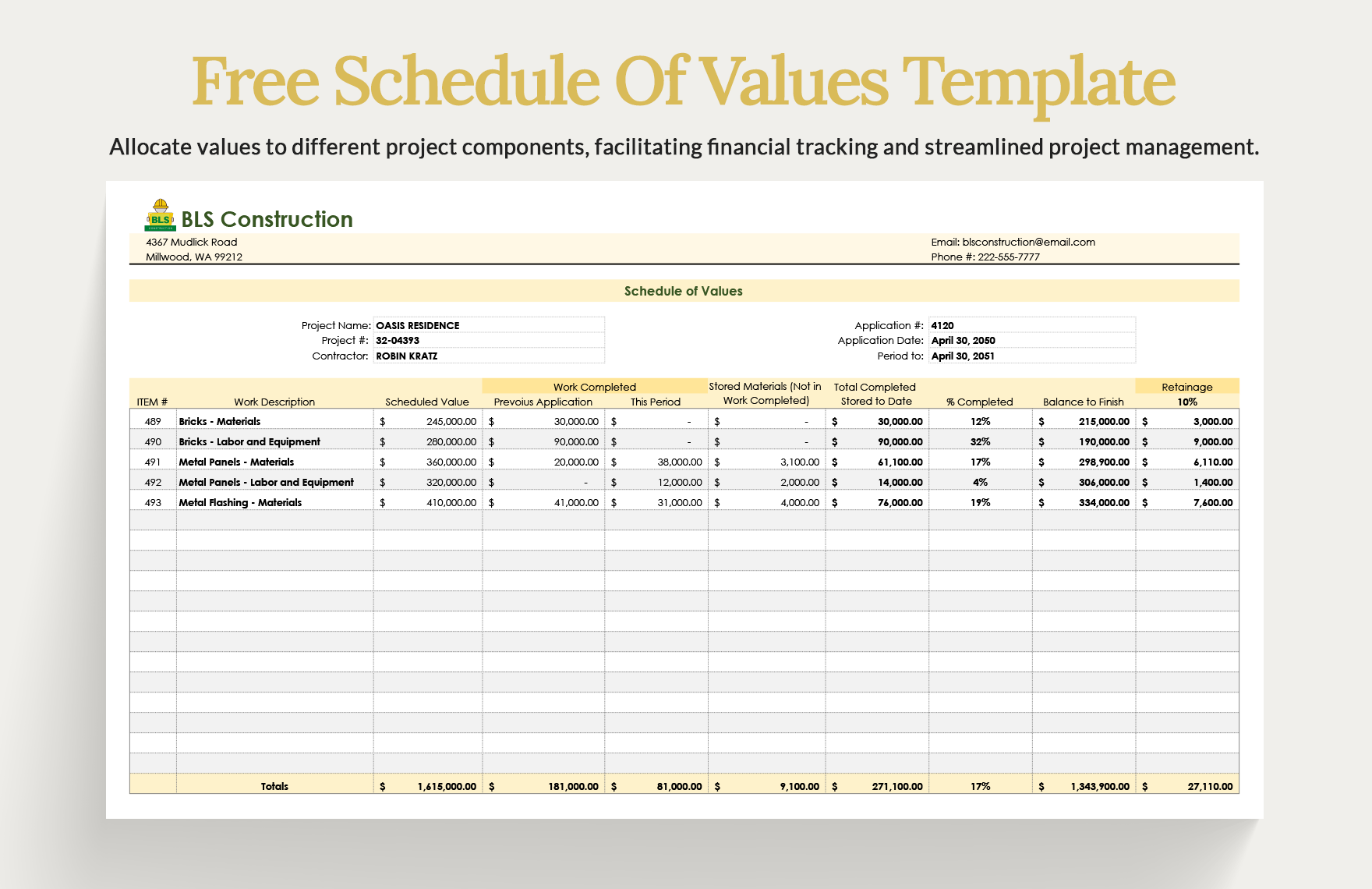 Schedule Of Values Template