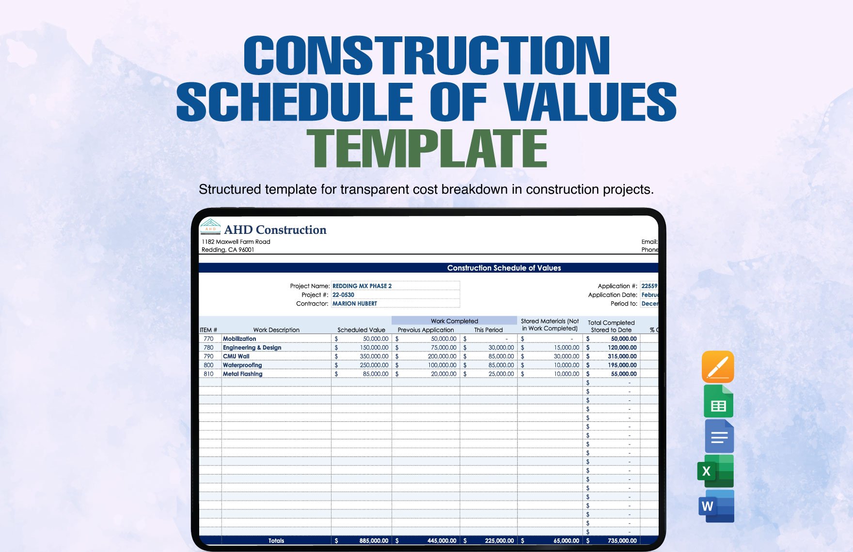 Construction Schedule Of Values Template in Word, Google Docs, Excel, Google Sheets, Apple Pages
