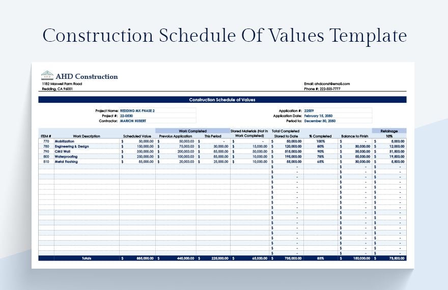 Construction Schedule Of Values Template Google Docs Google Sheets
