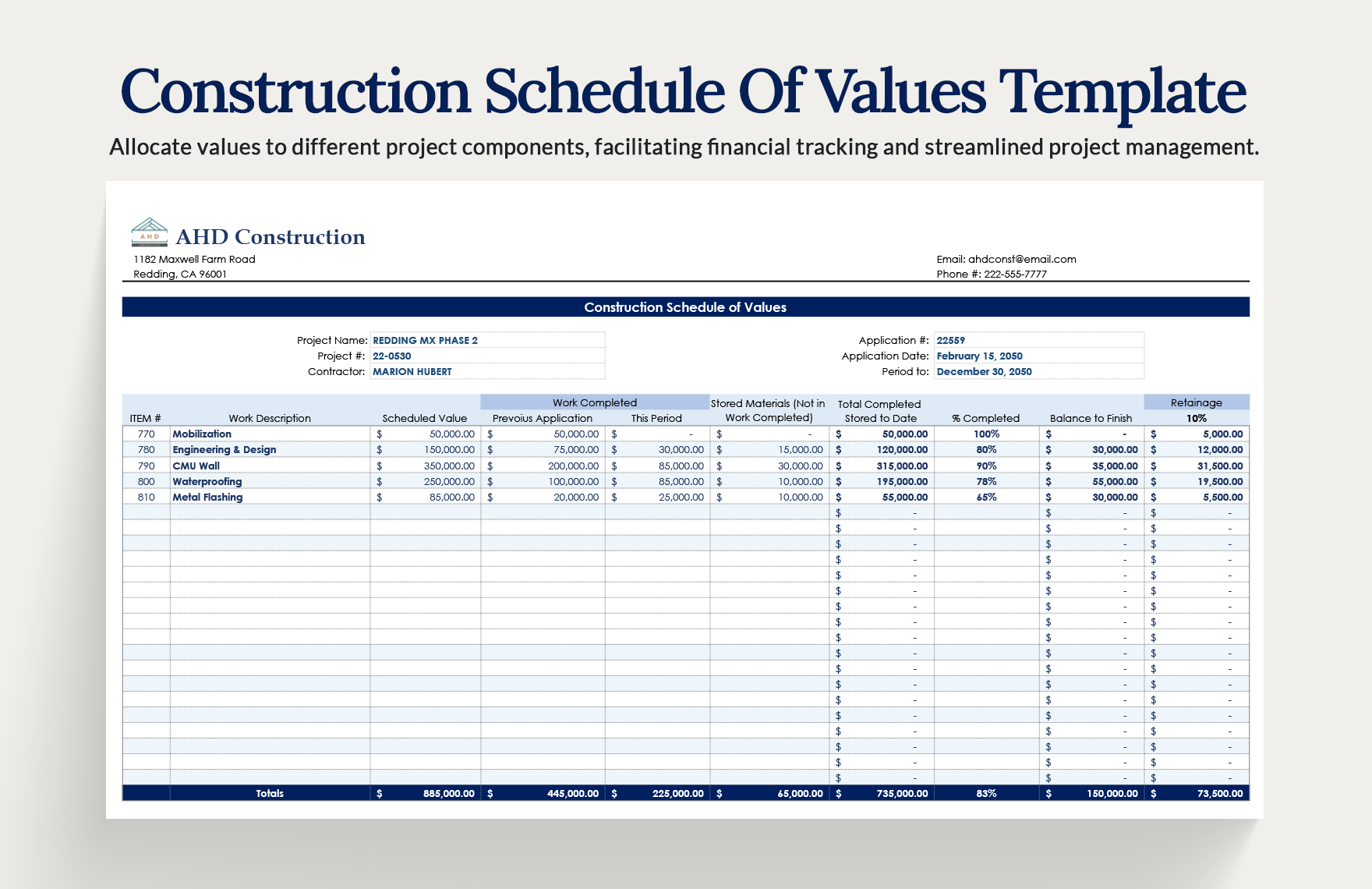 Construction Schedule Of Values Template