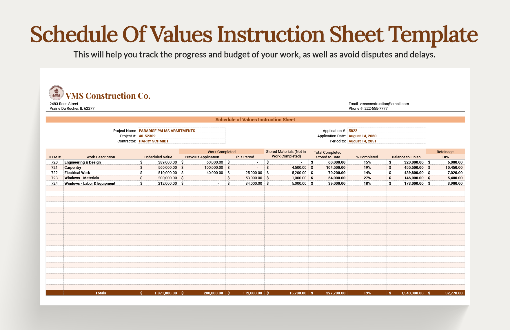 Schedule Of Values Instruction Sheet Template