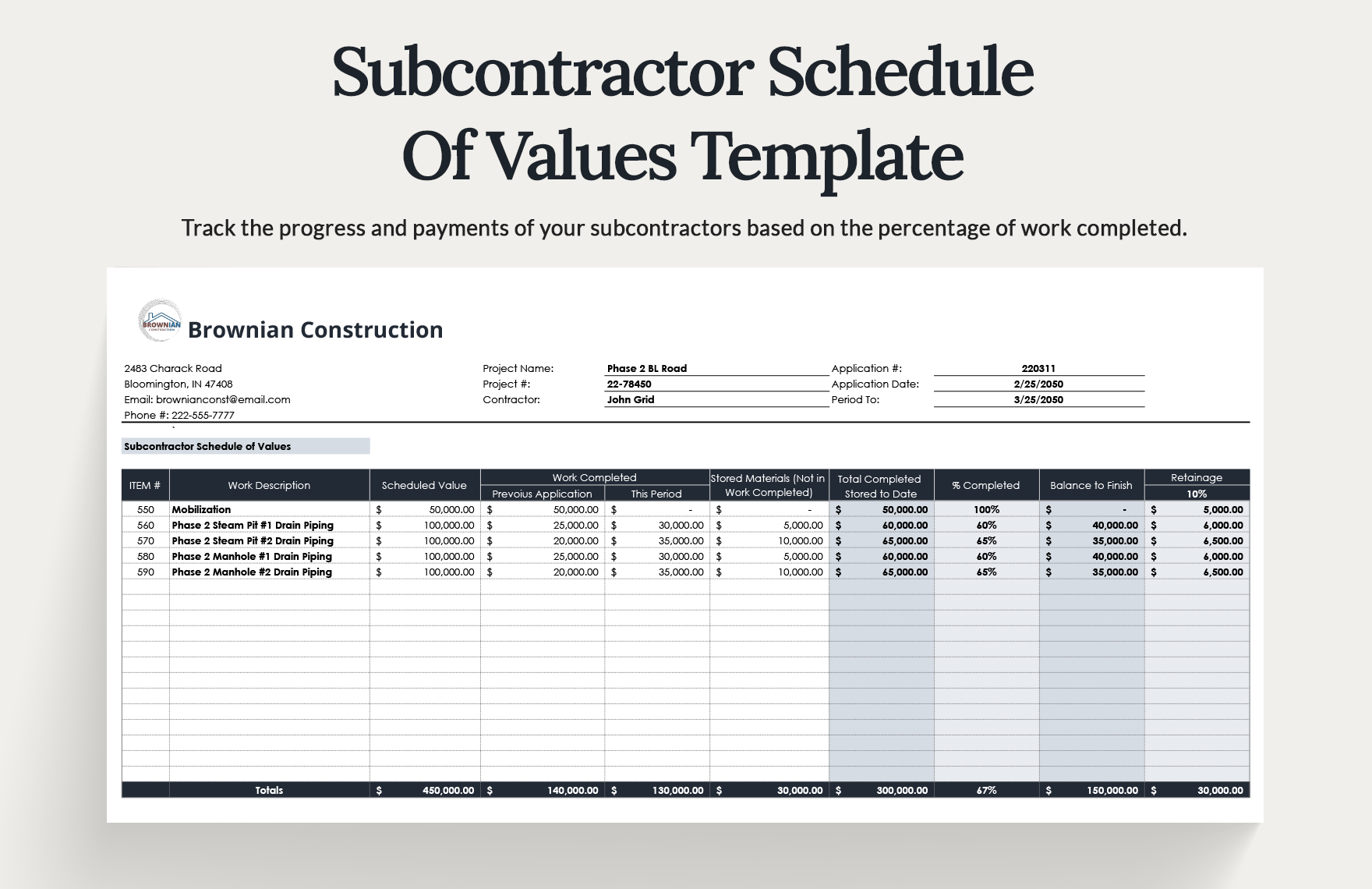 Subcontractor Schedule Of Values Template